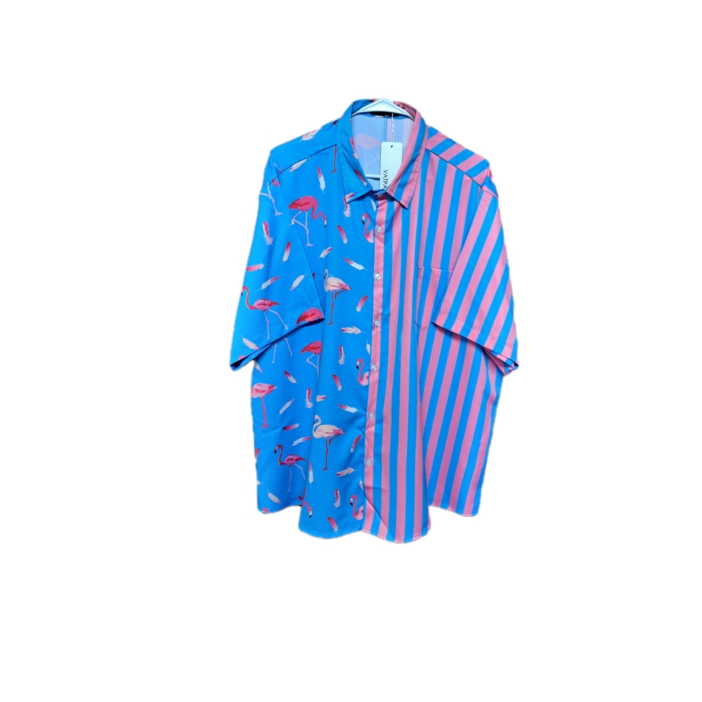🔥Vatpave Men's 2XL Short Sleeve Flamingo/Striped Print Button Up shirt. NWOT